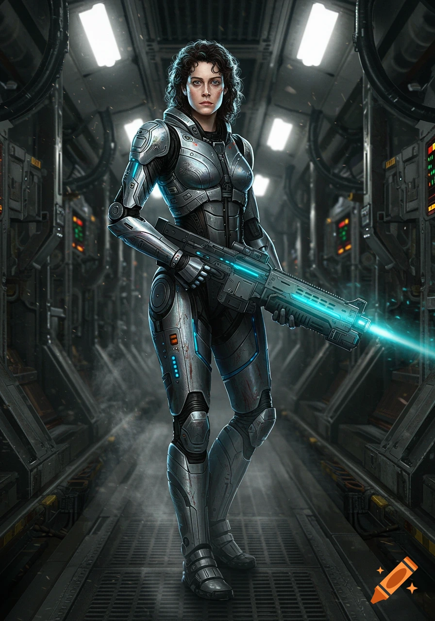A photorealistic depiction of a female space marine in grey futuristic armor, holding a glowing rifle in a dark metallic spaceship corridor.