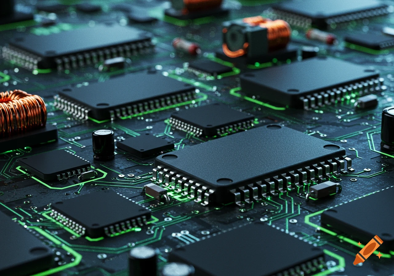 Highly detailed, close-up view of a green glowing power electronics circuit board with semiconductor components.