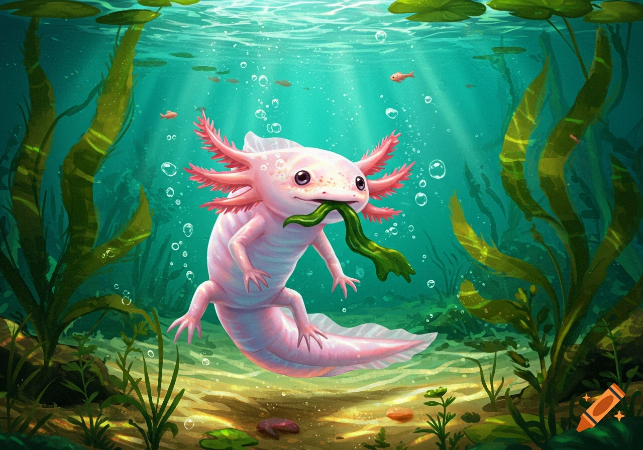 A pink axolotl swims underwater eating a green plant, surrounded by seaweed and small fish, in a vibrant illustration.