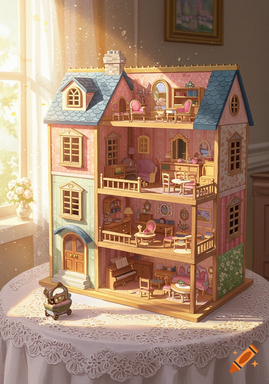 A detailed illustration of a multi-story dollhouse filled with miniature furniture, bathed in warm sunlight from a nearby window.