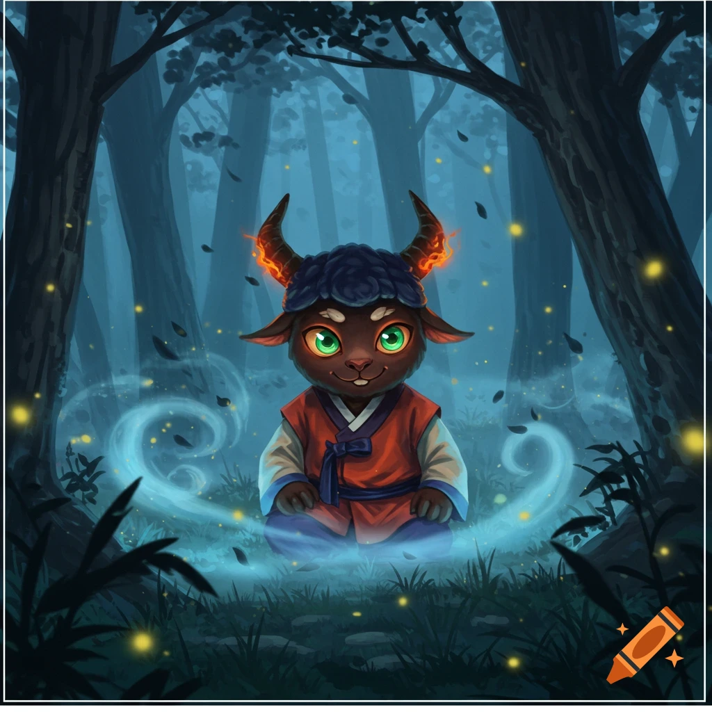 A cute dark-furred creature with fiery horns and green eyes, wearing a red hanbok, sits in a mystical, blue-hued forest.