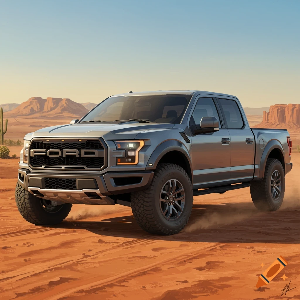 A gray Ford Raptor pickup truck drives on an orange desert road, kicking up dust, with mesas in the background.