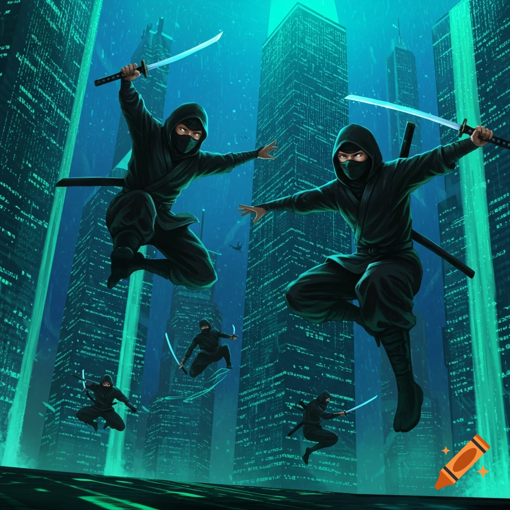 Two ninjas in black suits leap with katanas in a neon green and blue futuristic city, other ninjas fighting in the background.