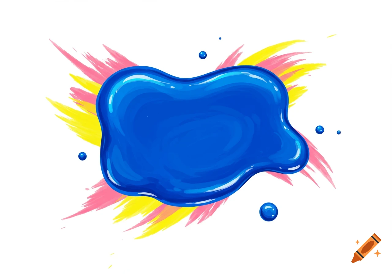 A glossy blue paint blob with reflective highlights, surrounded by pink and yellow brush strokes and small blue droplets.