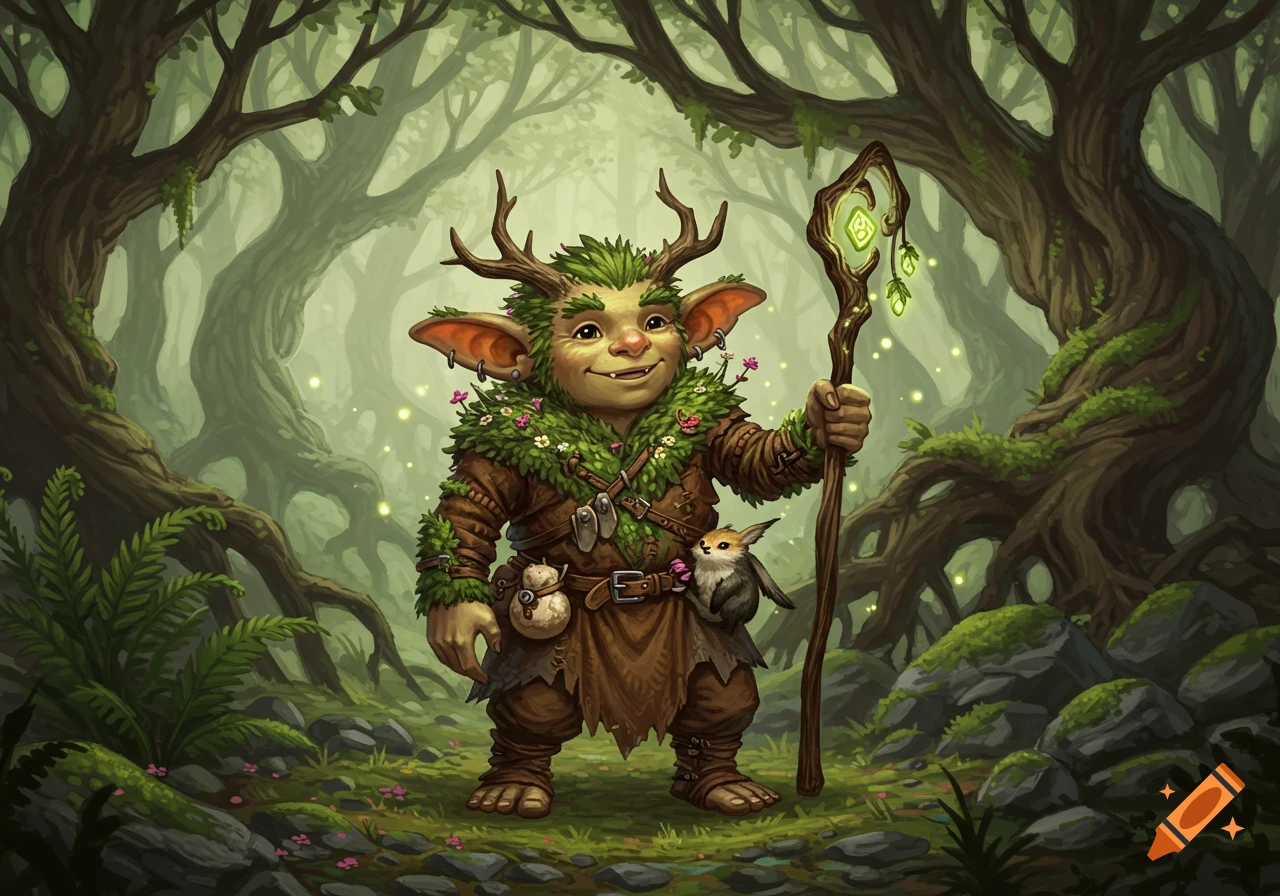 A friendly, green-skinned hobgoblin druid with antlers and a leafy cloak, holding a glowing staff, stands with a small fox-like creature in a magical forest.