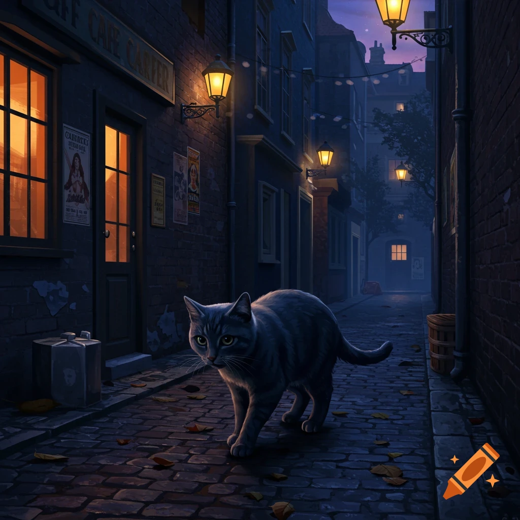 A gray tabby cat walks along a cobblestone alley illuminated by gas lamps at night, with buildings on either side.