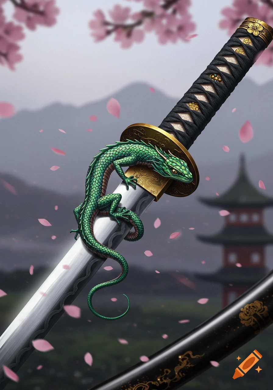 A vibrant green dragon lizard with intricate scales wraps around the blade of a katana. Cherry blossoms and a pagoda are in the soft background.