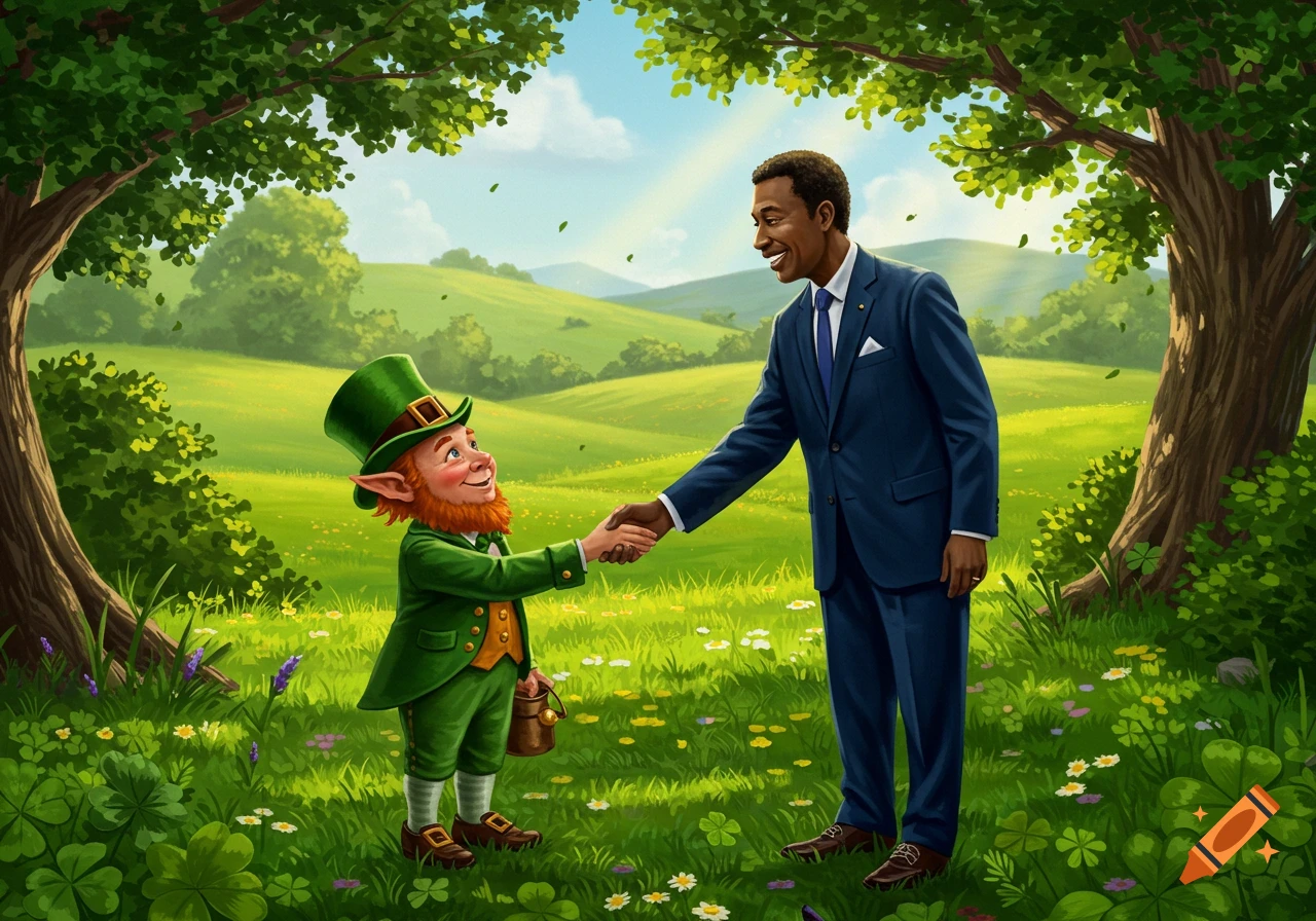 A smiling leprechaun in green shakes hands with a Black man in a suit amidst a vibrant, green, illustrated landscape with trees and flowers.