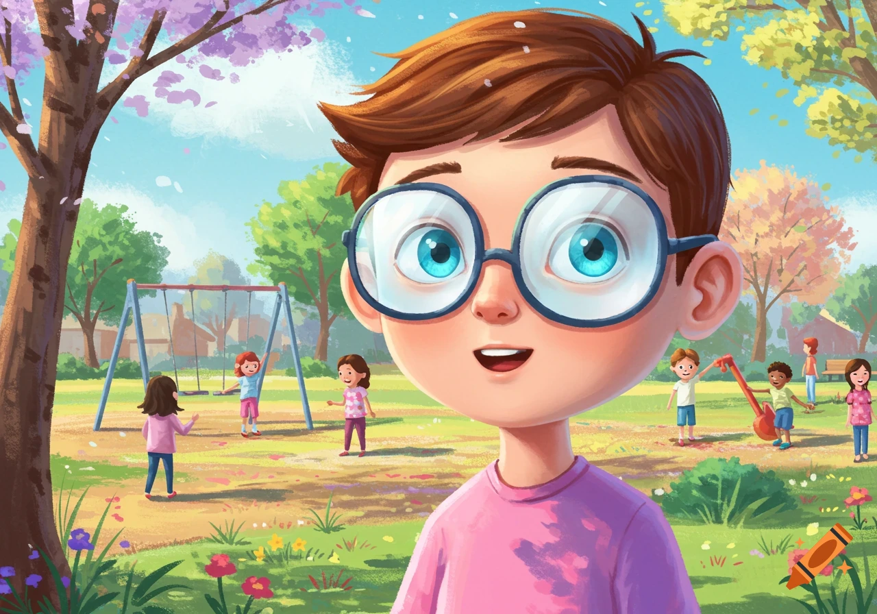 A cartoon boy with glasses smiles, standing in a park where other children play on swings and in the grass.