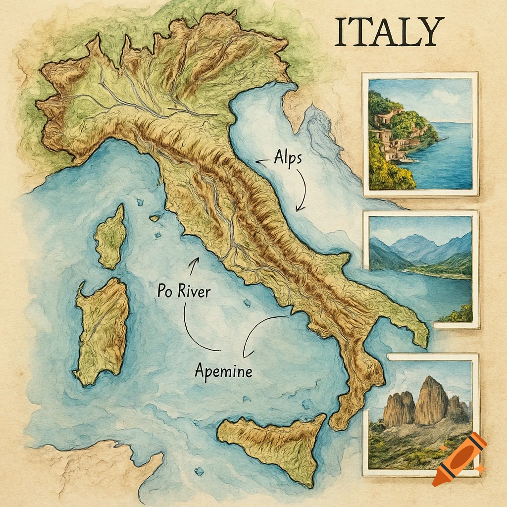 Watercolor map of Italy showing mountains, rivers, and coastal features, with three inset landscape paintings.