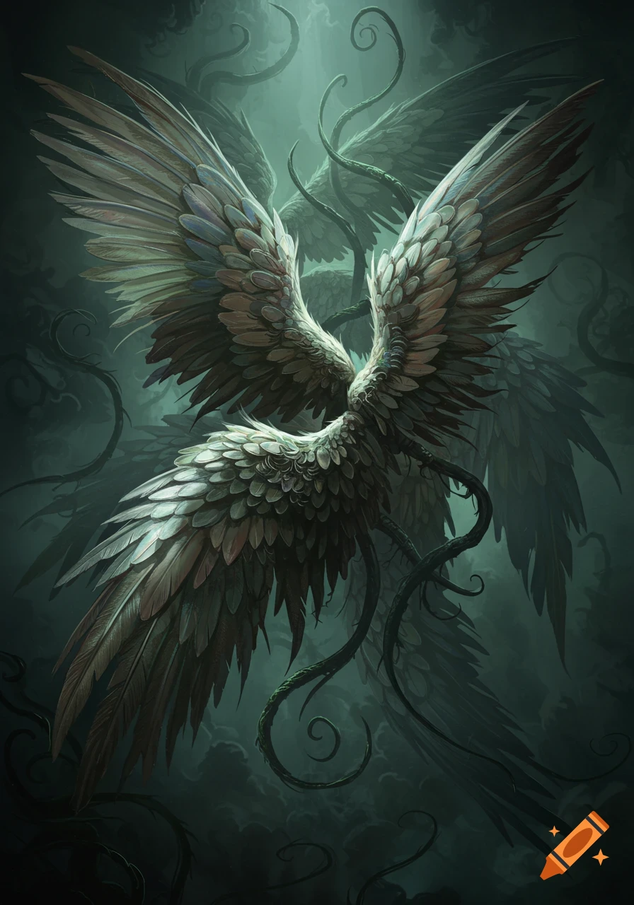 A dark fantasy illustration of large, feathered wings with twisting dark tendrils, emerging from a shadowy, murky background.