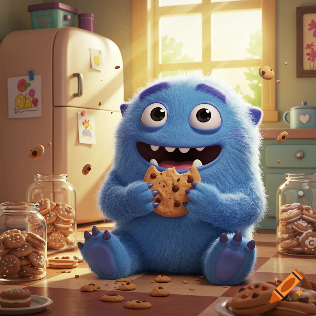 A cute blue furry monster happily sits on a checkered kitchen floor, eating a chocolate chip cookie surrounded by more cookies.