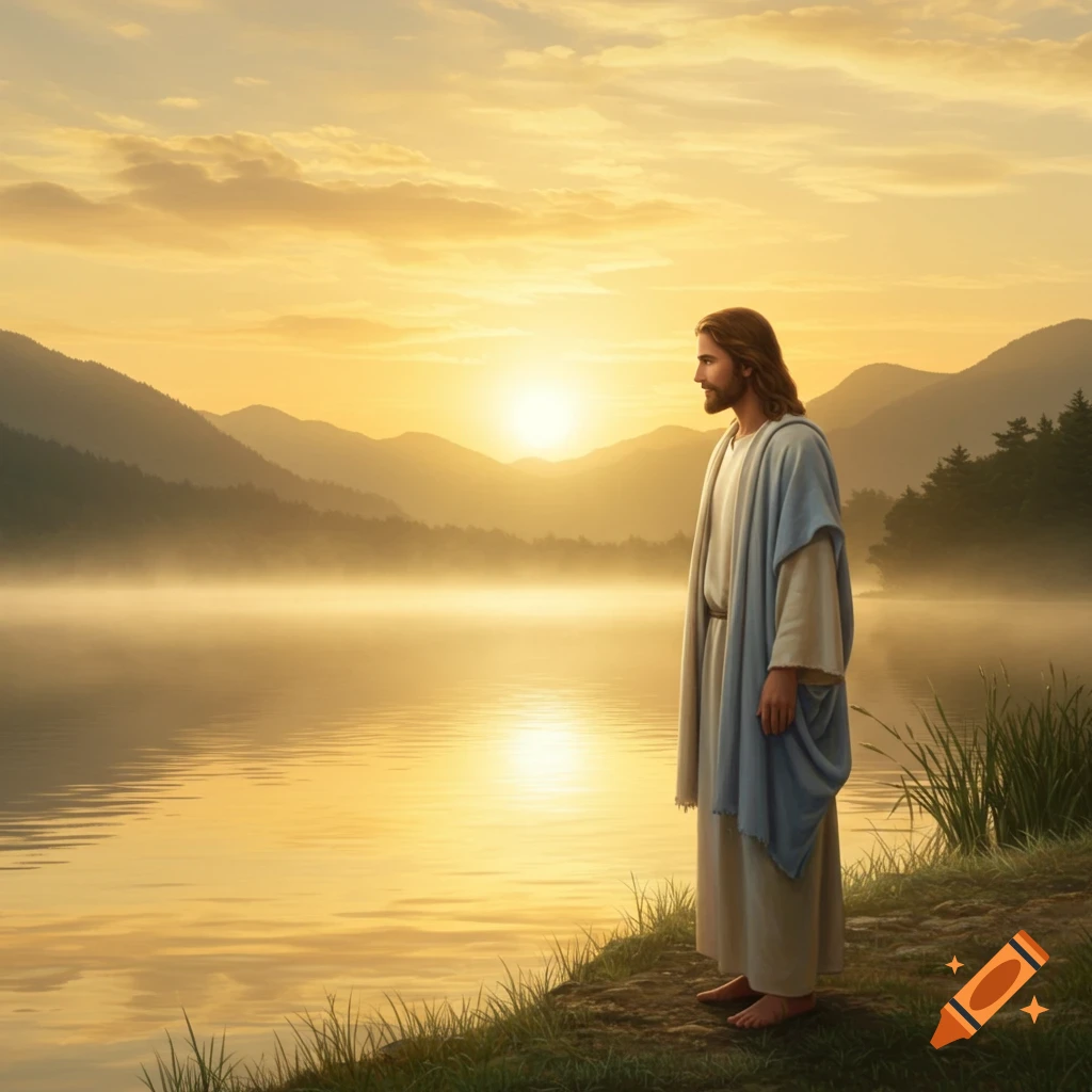 Jesus stands on a grassy bank beside a misty lake, looking towards the bright sunrise over distant mountains.