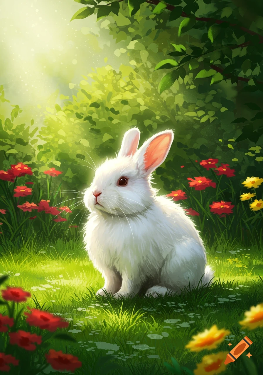 A cute white rabbit sits in a vibrant green garden, surrounded by red and yellow flowers under bright sunlight in an illustrative style.