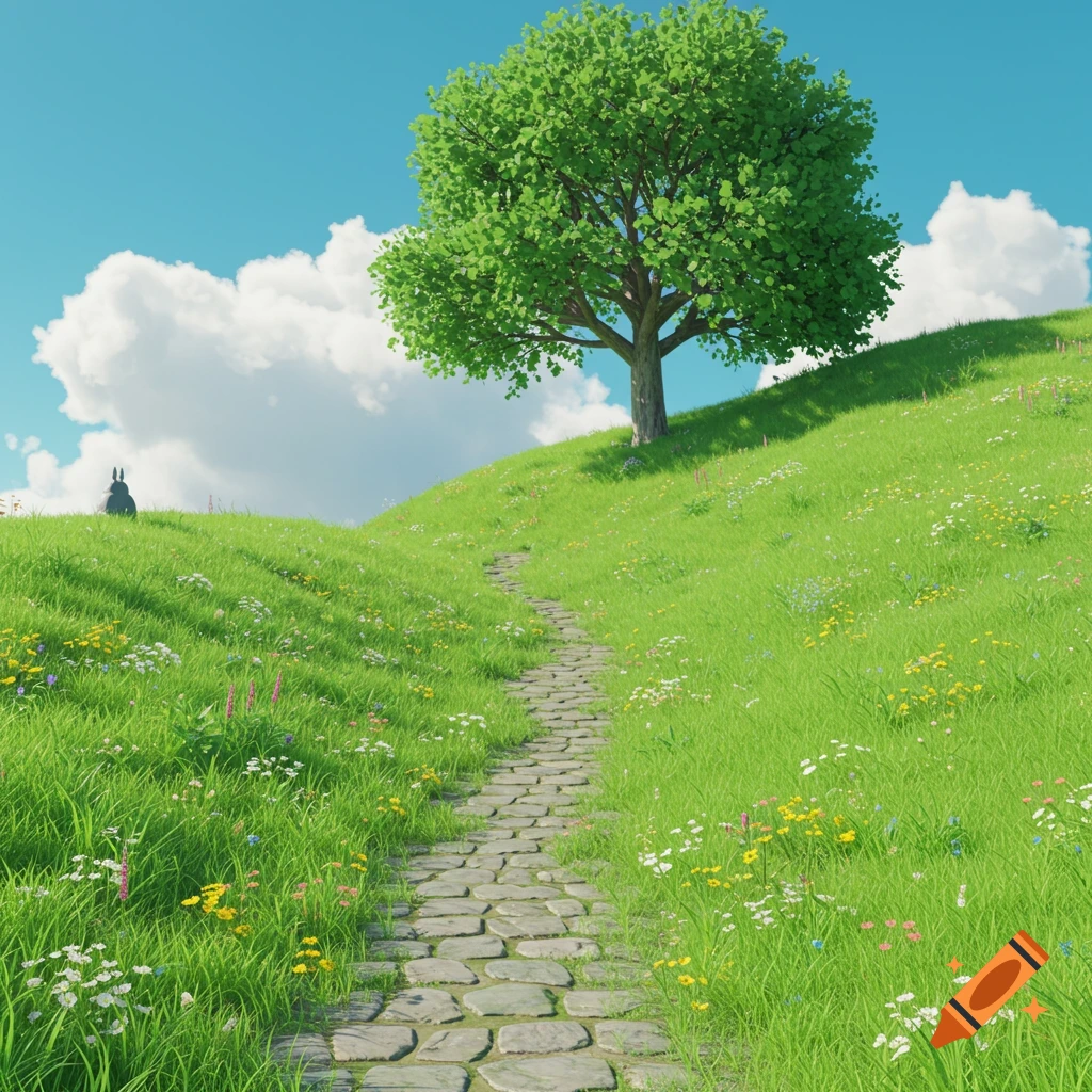 A vibrant Ghibli-style landscape with a cobblestone path ascending a green hill towards a large tree under a blue sky. A dark figure sits on the distant peak.
