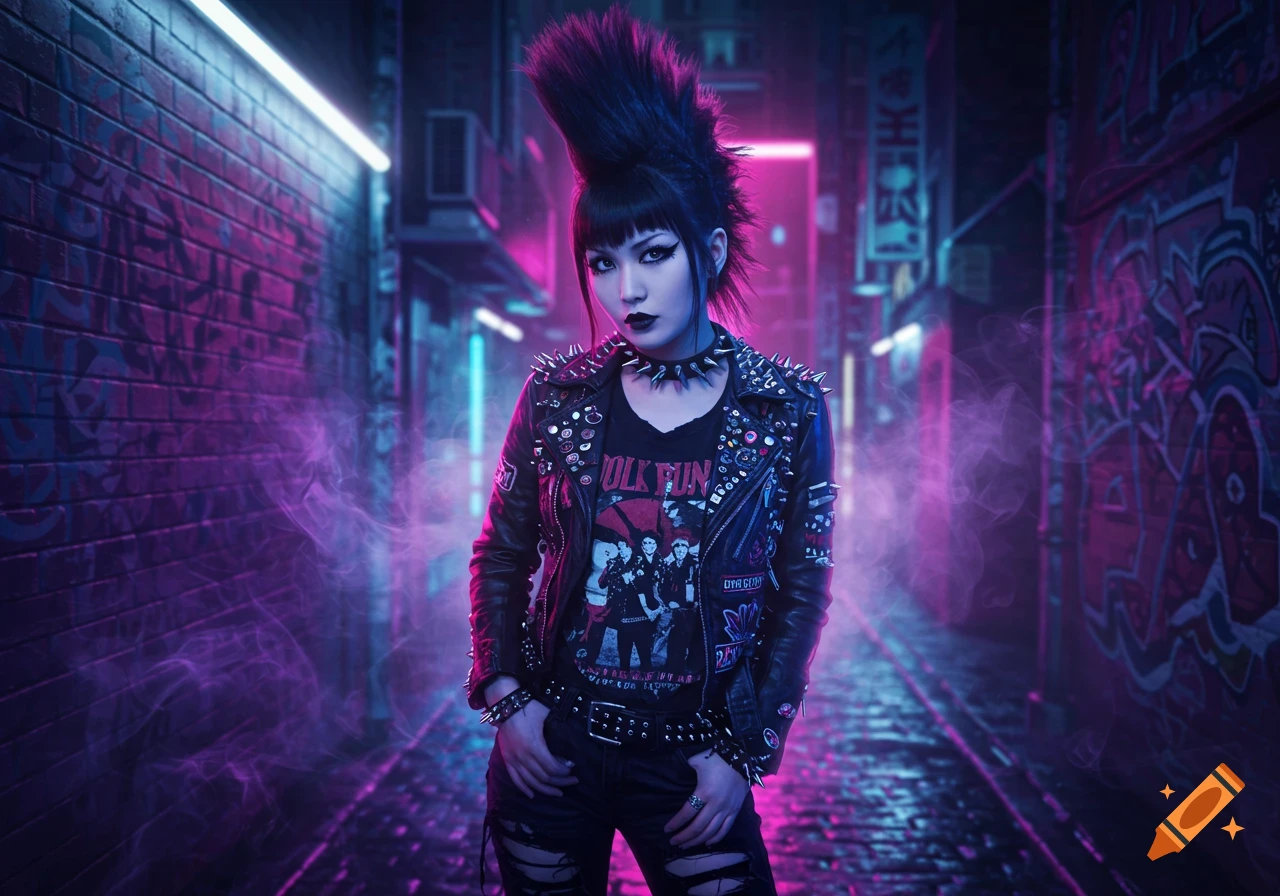 A punk rock woman with a mohawk, studded leather jacket, and ripped jeans stands in a neon-lit cyberpunk alley with purple smoke.