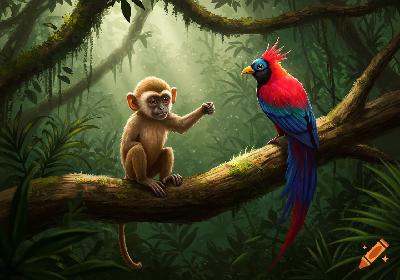 A cute baby monkey gestures to a vibrant red and blue bird, both perched on a mossy branch in a sunlit jungle illustration.