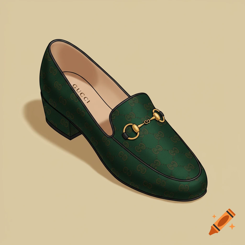 A green Gucci loafer shoe with a gold horsebit detail and GG monogram, in an isometric illustration style.