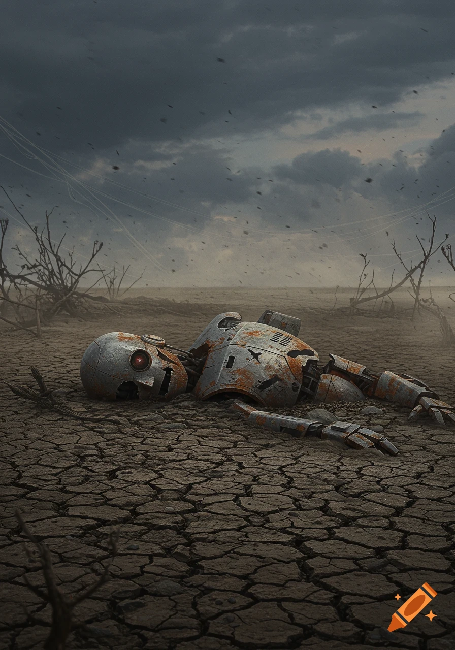 A rusted, broken robot lies on cracked, dry earth under a dark, stormy sky with bare trees. Photorealistic.