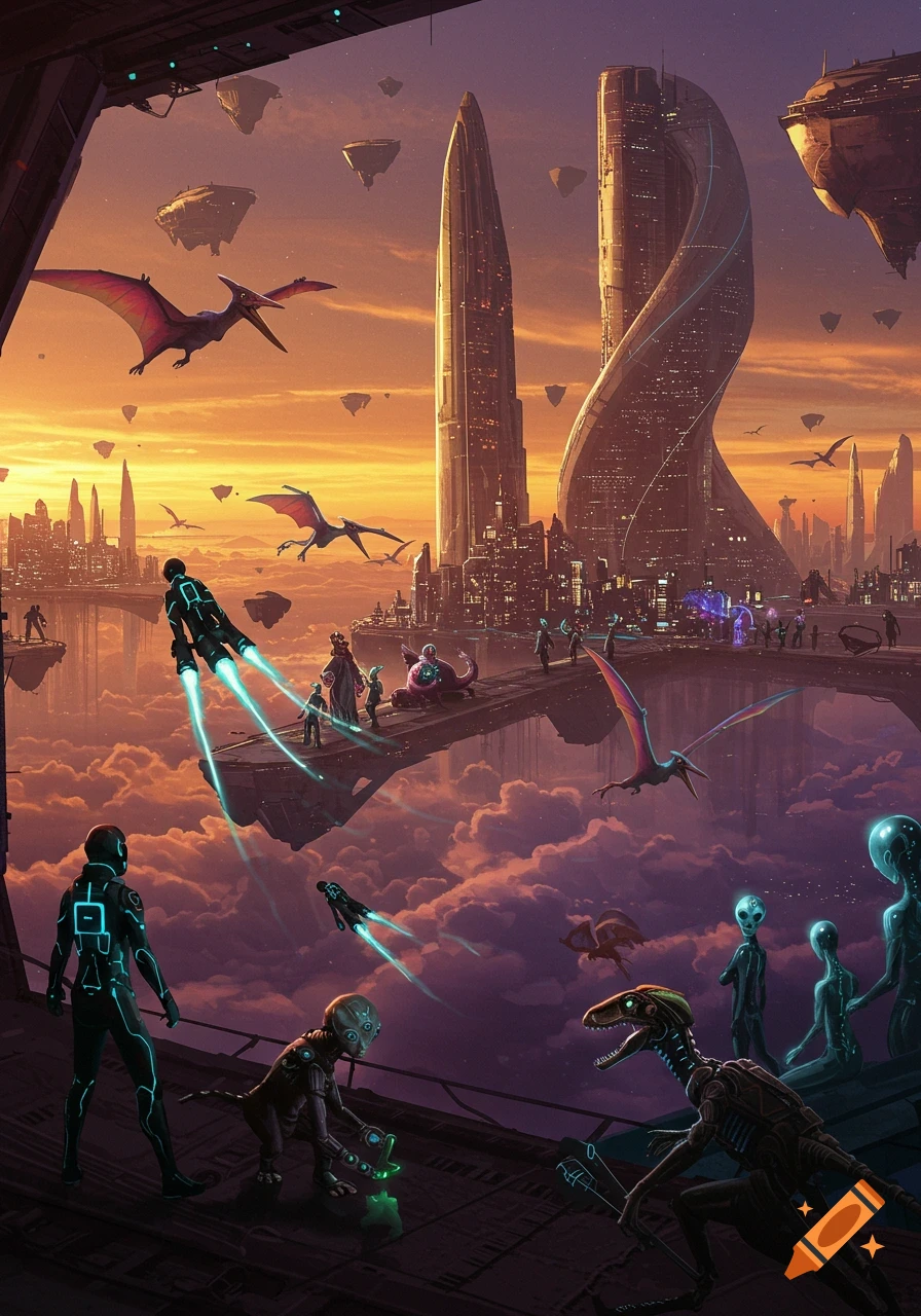 A panoramic view of a futuristic alien city with flying creatures, jetpack people, and various aliens on sky platforms at sunset.
