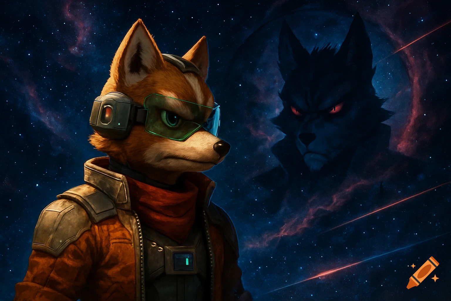 Fox McCloud in an orange spacesuit and visor, with a silhouette of Wolf O'Donnell behind him against a starry space background.