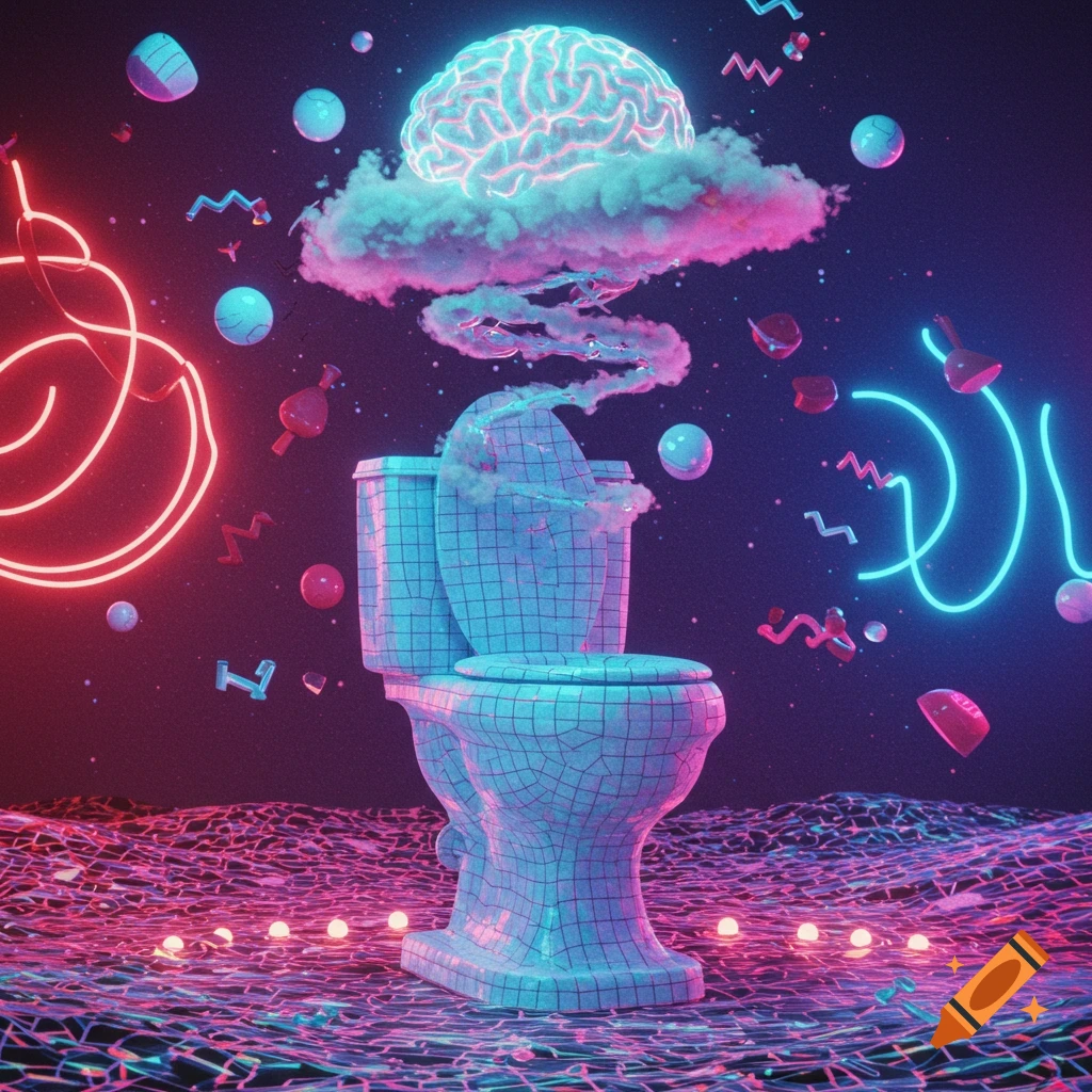 A glowing brain on a cloud above a grid-patterned toilet, emitting tendrils of light in a dark, abstract space with neon lights and a wavy grid ground.