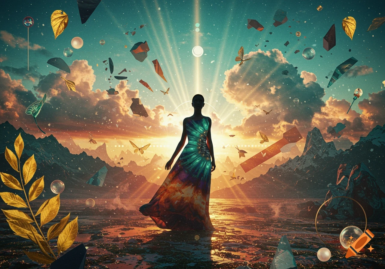 Silhouette of a woman in a colorful dress in a surreal landscape with mountains, vibrant sky, and floating leaves, butterflies, and geometric shapes.