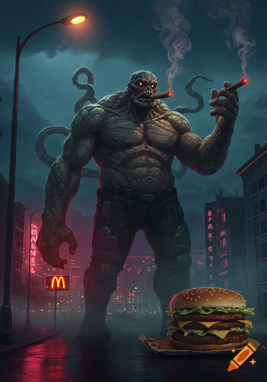 A massive, muscular, grey monster with glowing red eyes smokes a cigar in a rainy city street with a huge burger nearby and neon signs.
