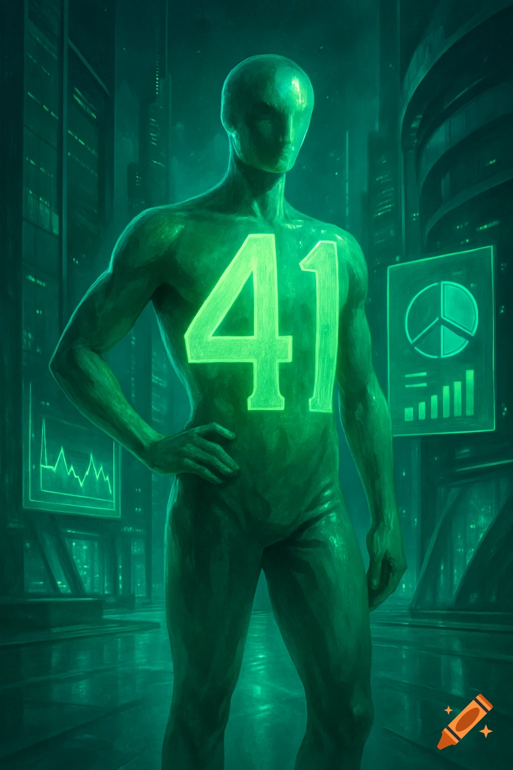 A glowing green humanoid figure with the number 41 on its chest stands in a futuristic, neon-green cityscape with data screens.