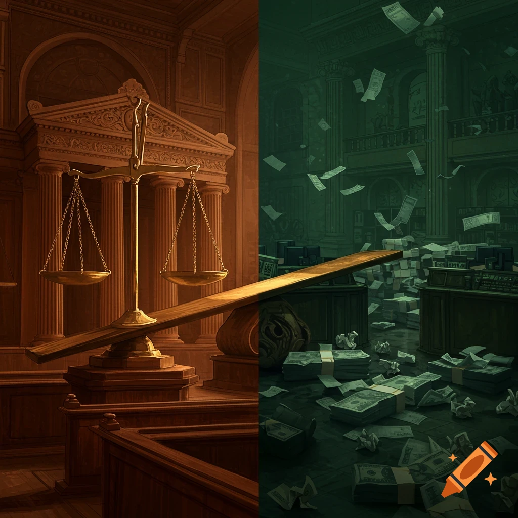 A split scene of a brown courtroom with scales of justice and a green treasury office filled with money and papers in a symbolic art style.