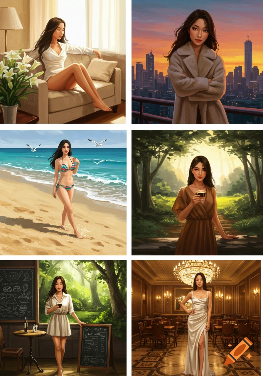 Six digital art panels depicting an attractive Asian woman in various scenarios: lounging at home, on a city balcony at sunset, on a beach in a bikini, in a forest, at an outdoor cafe, and in an elegant restaurant.