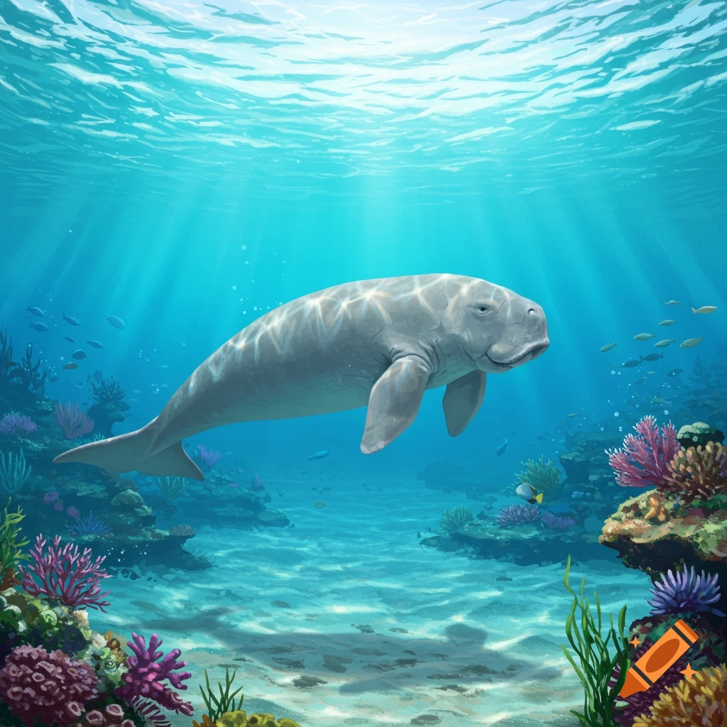 A dugong swims through clear blue ocean water, surrounded by colorful coral reefs and small fish, with sunbeams filtering from above.