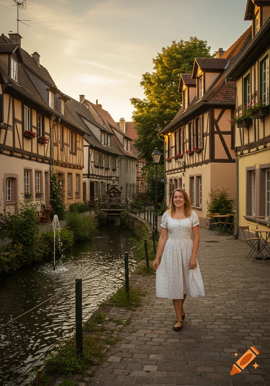 A smiling young woman in a white dress walks along a cobbled street next to a canal lined with half-timbered houses at sunset.