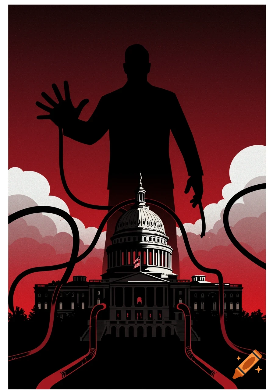 A stylized illustration of a shadowy giant figure looming over the US Capitol building, with black pipes connecting to it, against a dark red sky.