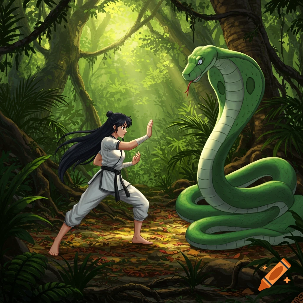 A woman in a white martial arts uniform faces a giant green cobra in a lush, sunlit jungle.