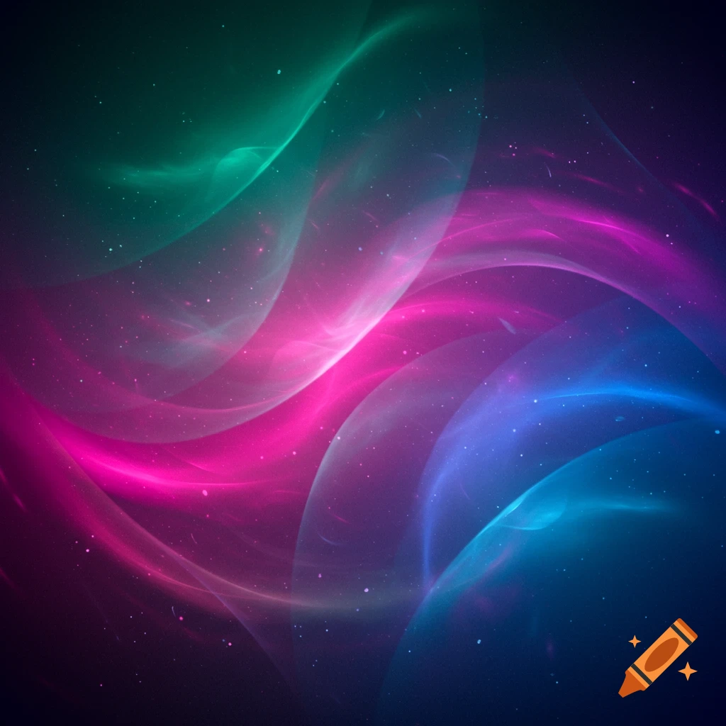 Abstract background with glowing swirling teal, pink, and blue light patterns against a dark, star-speckled backdrop.