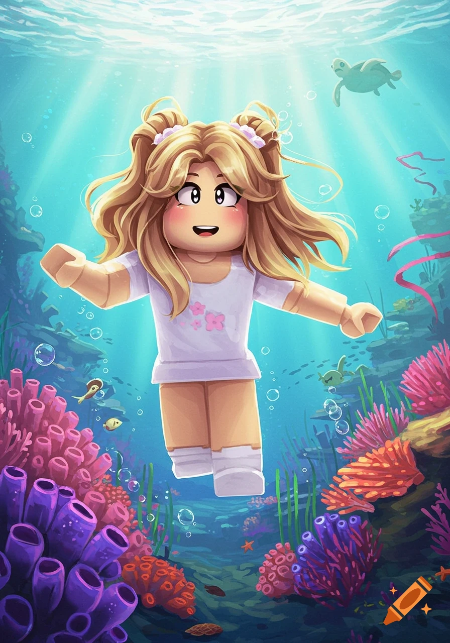 A Roblox girl with blonde pigtails floats underwater amidst colorful coral, small fish, and a sea turtle, with sunbeams from above.