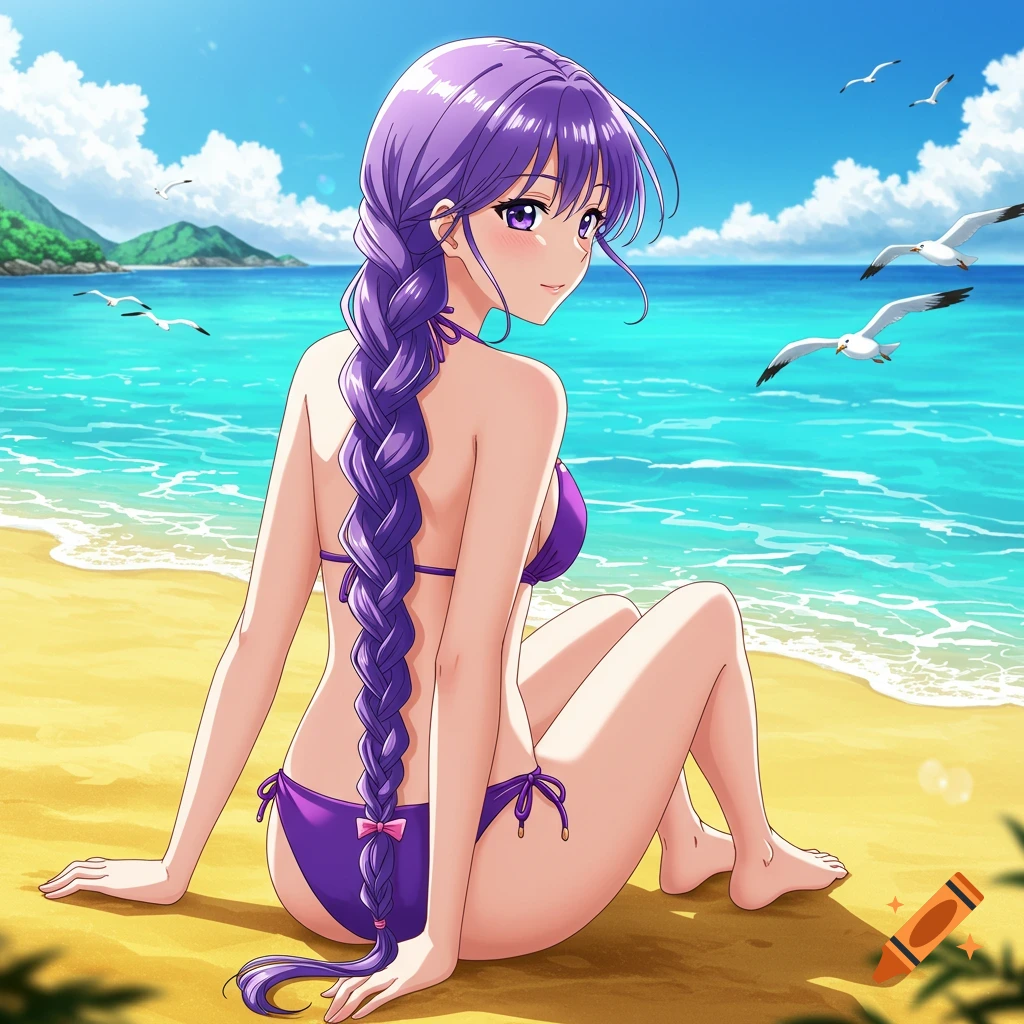 Anime woman with purple braided hair in a purple bikini sits on a sunny beach with a blue ocean and seagulls.