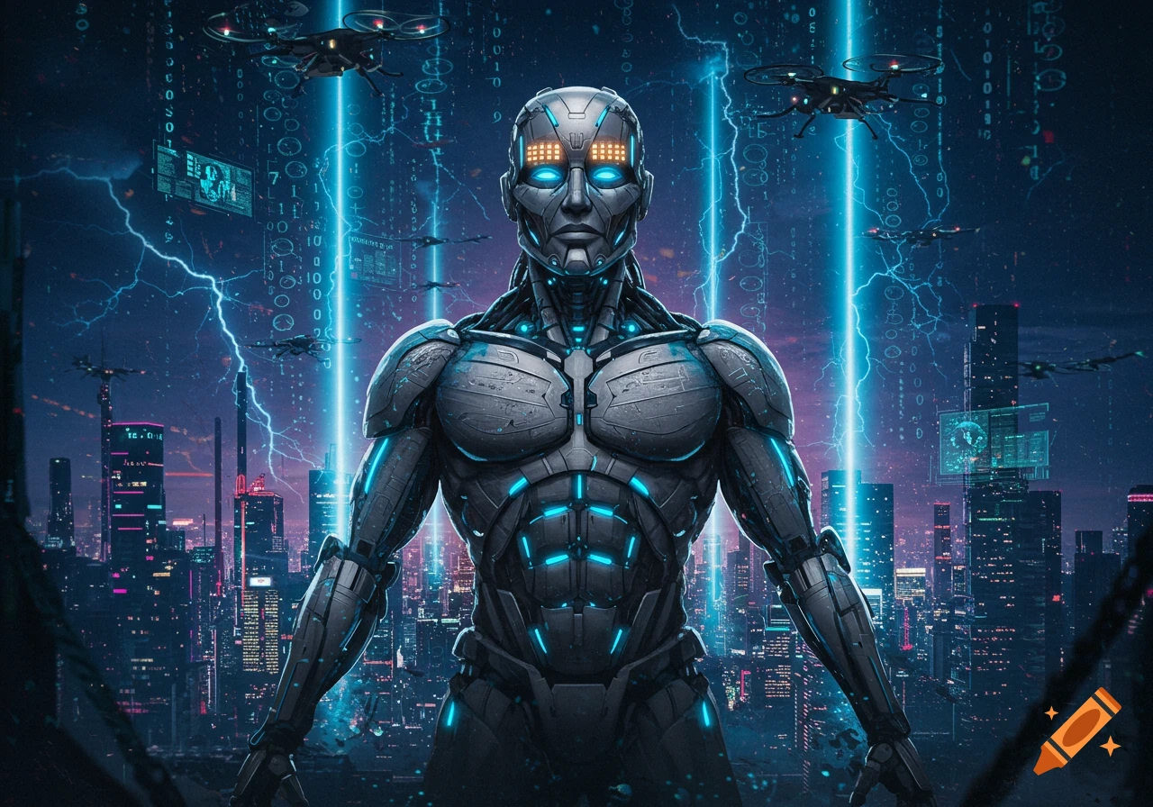 A powerful, armored robot with glowing blue eyes stands prominently in a futuristic city at night, with lightning and flying drones.