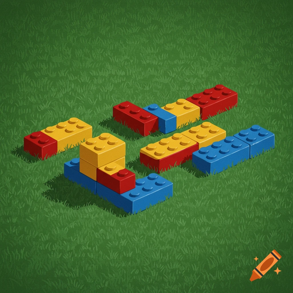 Isometric illustration of red, yellow, and blue Lego bricks arranged on a green grassy surface.