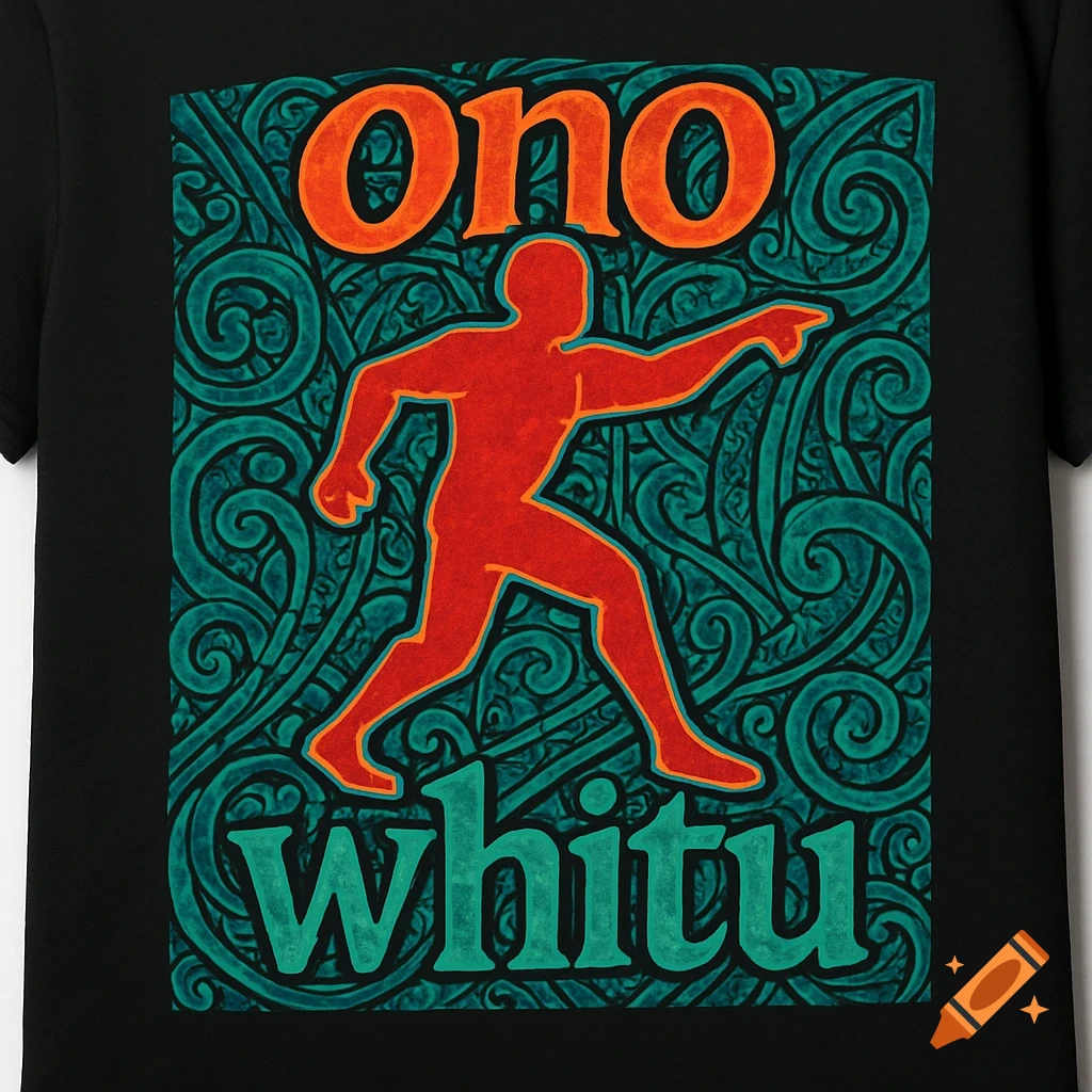 A black t-shirt features a vibrant graphic with a red silhouette of a person in motion, pointing, against a teal swirl pattern. The words "ono" and "whitu" are prominently displayed in orange and teal.