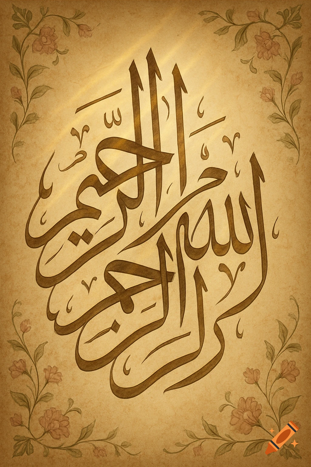 Arabic calligraphy of "Bismillah al-Rahman al-Rahim" in a decorative style on a vintage parchment-like background with floral borders.