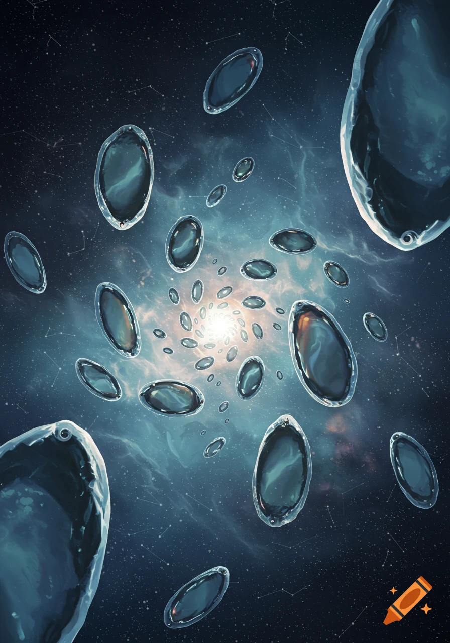 Many reflective, oval glass-like objects spiral towards a bright light in a blue-purple starry nebula.