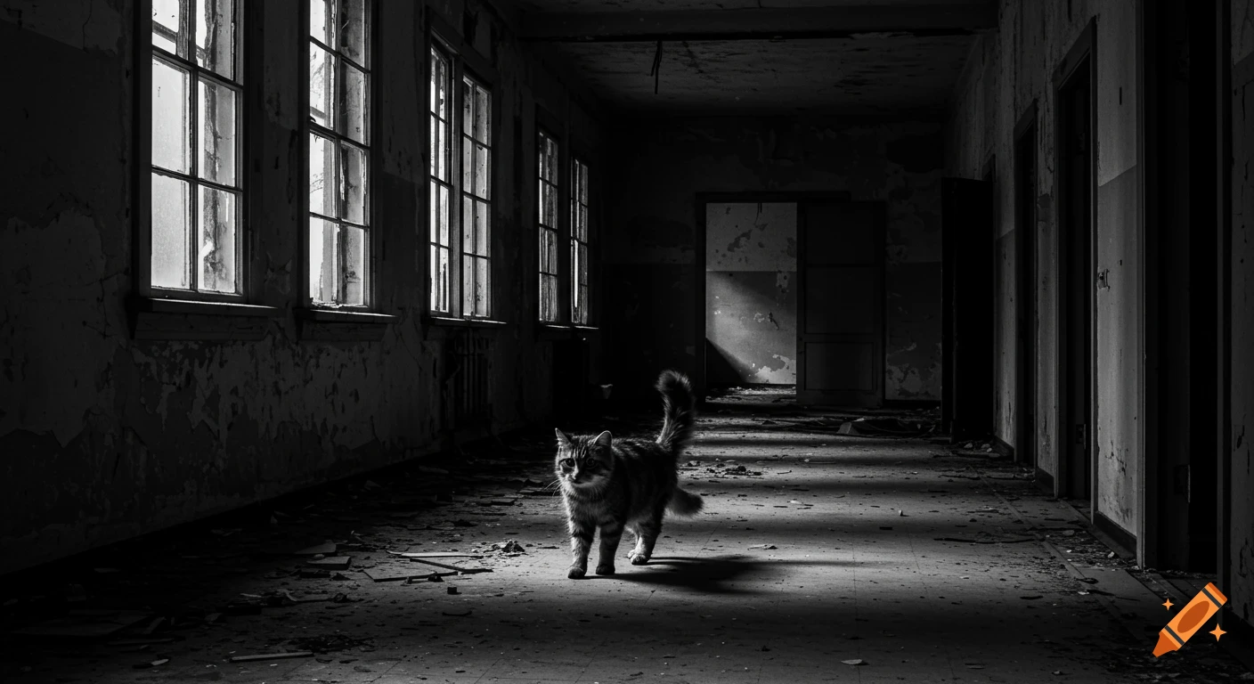 A photorealistic black and white image of a stray cat walking down a dark, derelict hallway in an abandoned building. Light streams through windows on the left.