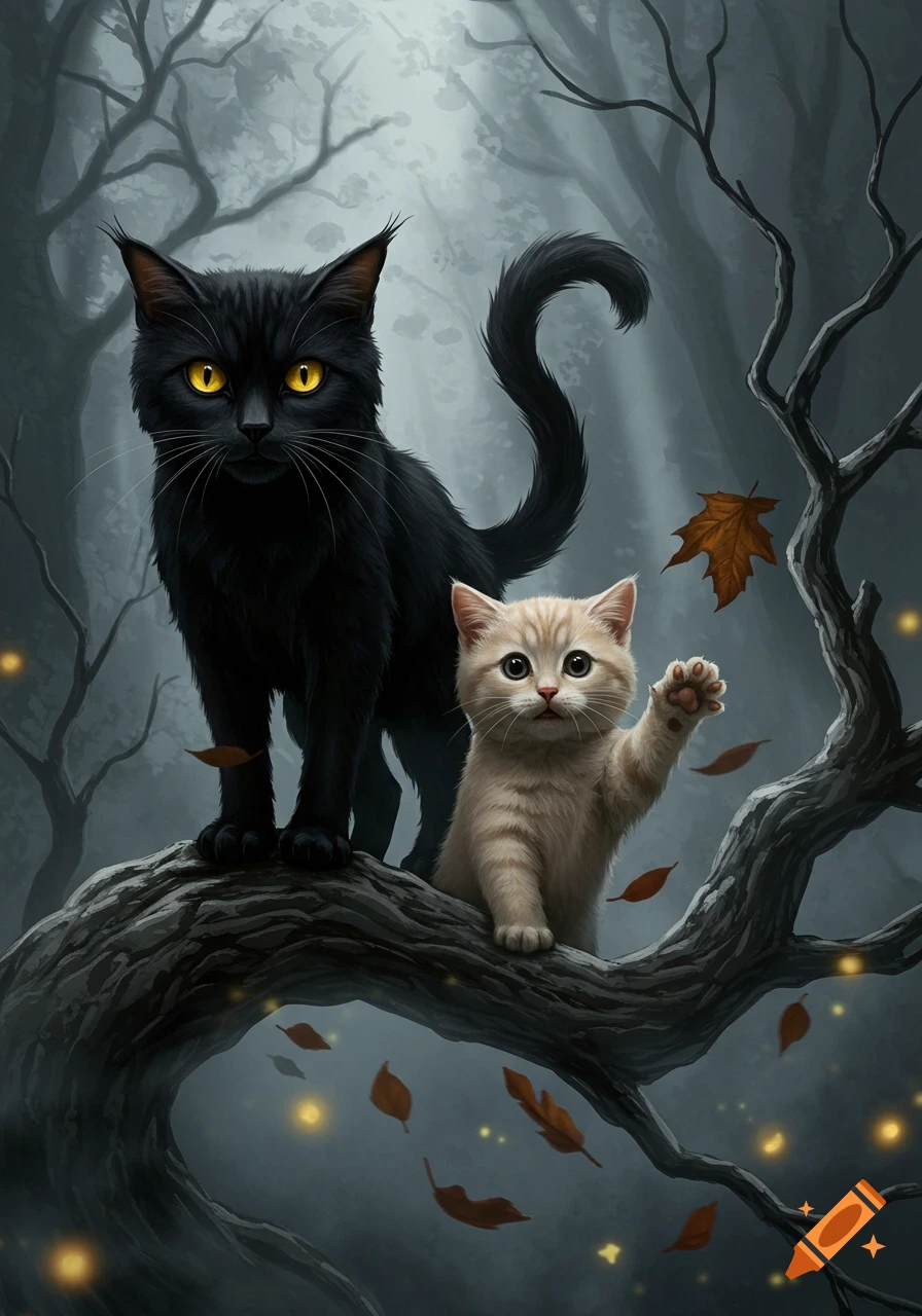 A black cat with glowing yellow eyes stands over a small cream kitten on a gnarled tree branch in a misty, dark forest with falling leaves, in a digital painting style.