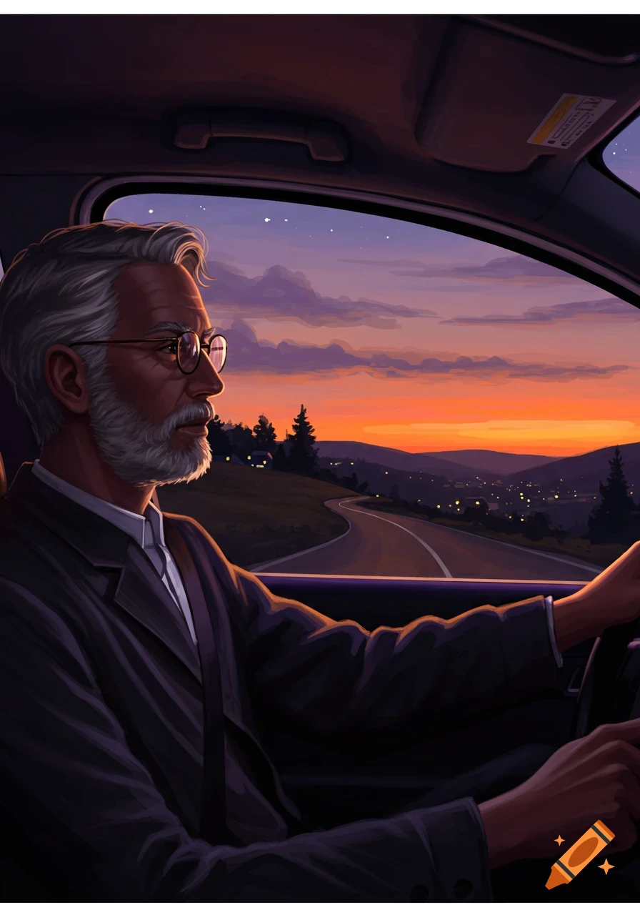 Older man with a beard and glasses drives a car on a winding road at sunset, with distant city lights. Digital illustration.
