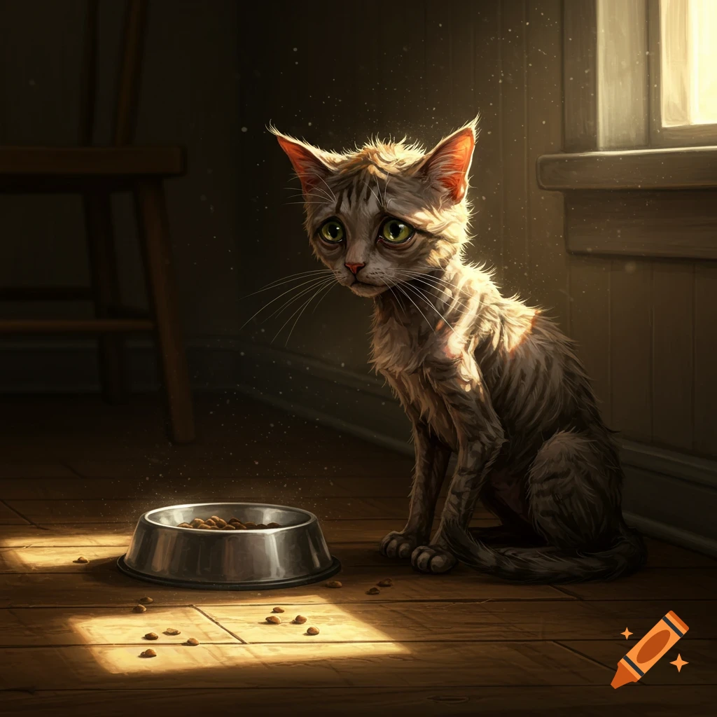A skinny, sad cat with big green eyes sits by a food bowl on a wooden floor bathed in cinematic light.