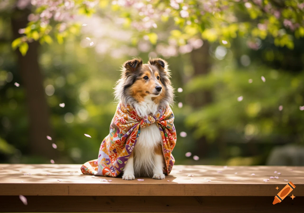 A cute Sheltie dog wrapped in a vibrant, patterned furoshiki sits on a wooden deck with falling cherry blossoms and a lush green background.