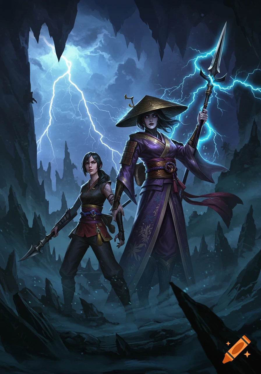 Two female warriors, one in a large hat and purple robe, the other in darker attire, stand with spears in a dramatic, lightning-lit cave.
