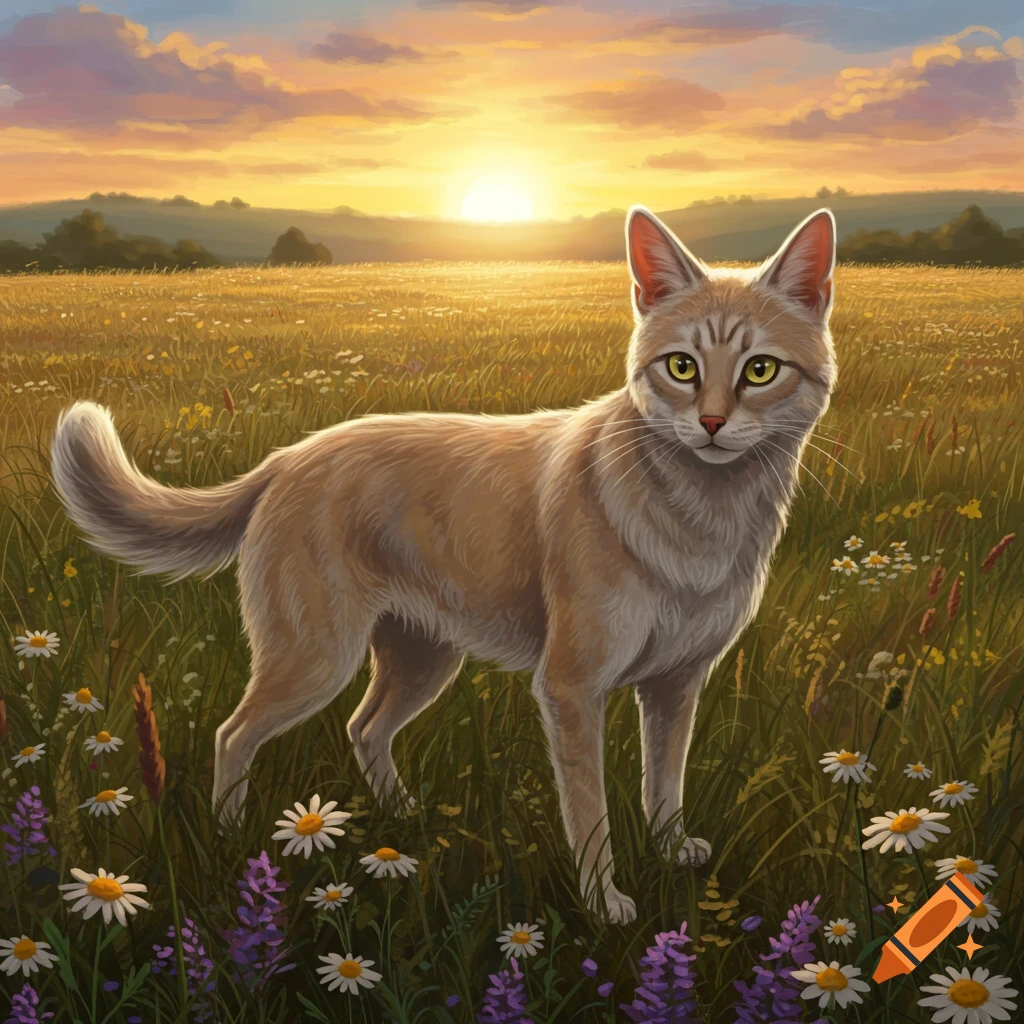 A light brown cat with green eyes stands in a field of green grass and wildflowers under a vibrant sunset.